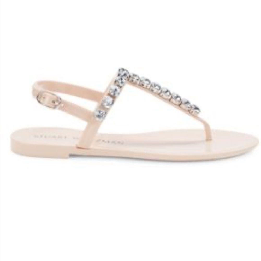 Stuart Weitzman Womens Goldie Jelly T-Strap Sandals Beige Slingback Beaded Sz 6